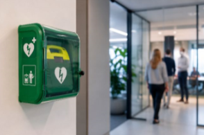 AED-kast aan de muur in een kantoorruimte